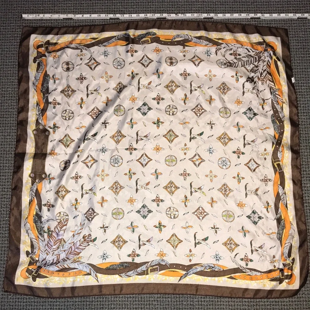 Silk-Style Square Scarf‎ with Feather & Medallion Motif - Cream, Brown, Yellow